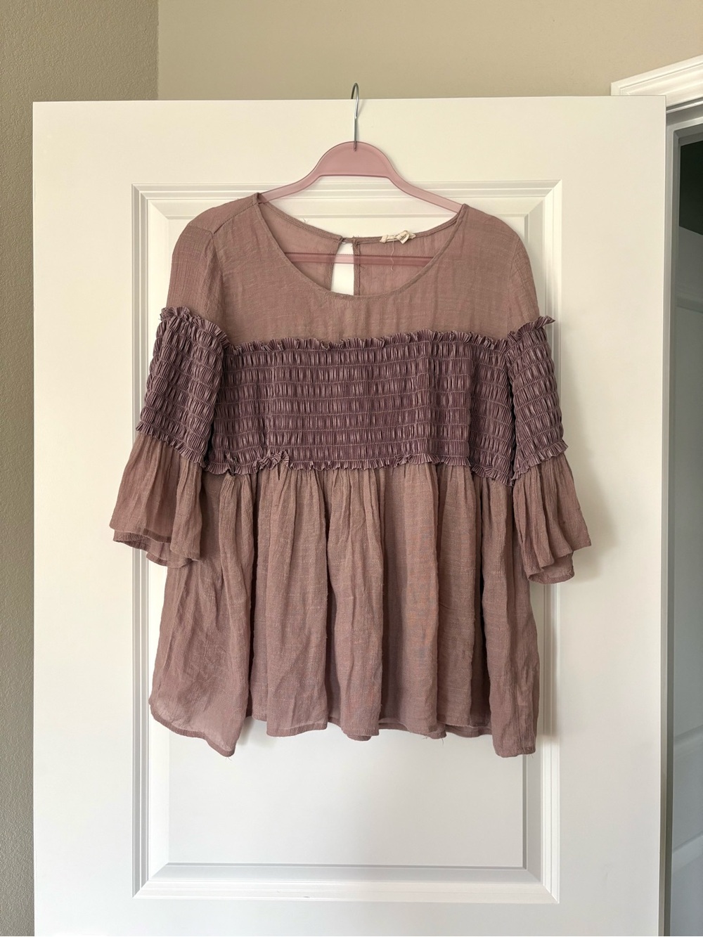 Entro Lavender Smocked Babydoll Peasant Blouse | Boho Flutter Sleeve | Large